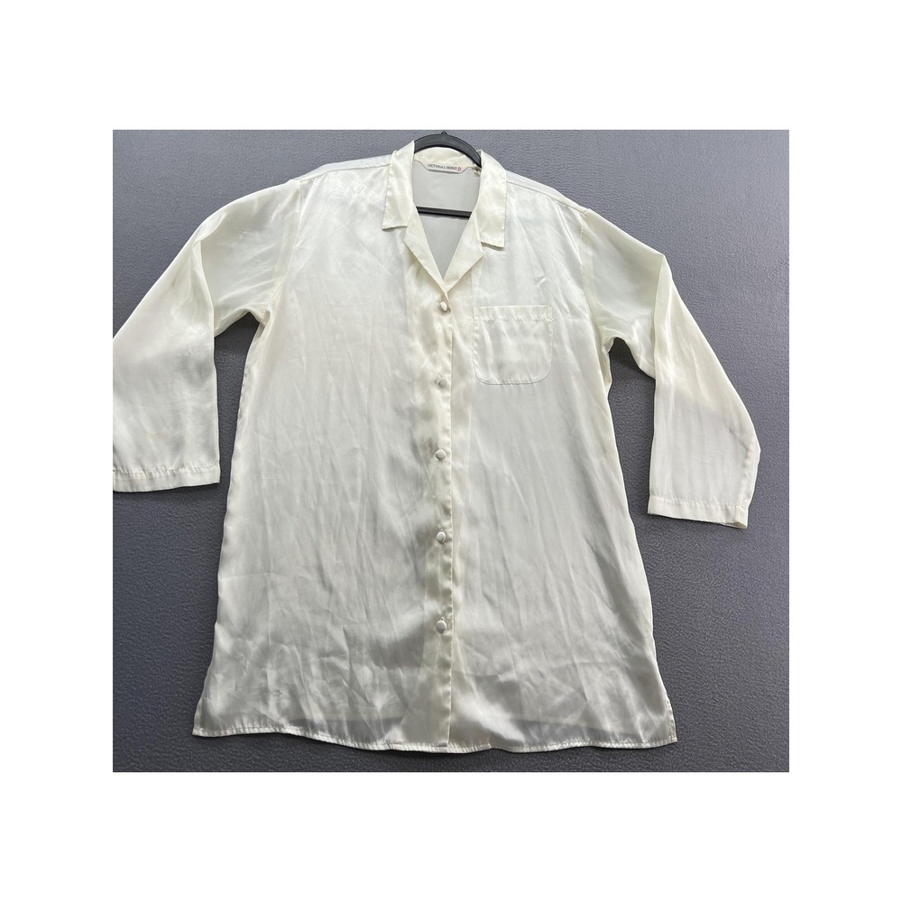 Victorias Secret Nightshirt Womens L Ivory Satin Button Front Sleep Shirt